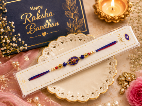 Evil eye Elegant handcrafted Rakhi with premium beads and sparkling stonework, beautifully crafted to celebrate the special bond of love and protection.
