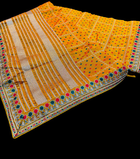 Bandhani print Beautiful Saree with embroidery and stone work border and beautiful design on Pallu