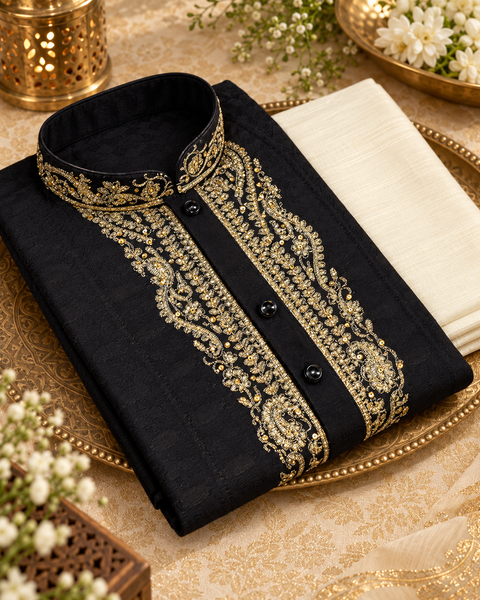 Soft jacquard silk-blend kurta with gold embroidery and Comes with a cream-golden pajama.
Slight variation in colour and design is possible.