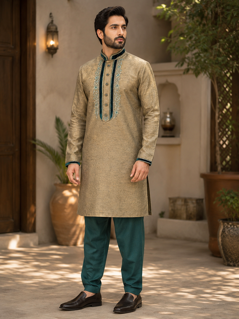 Raw silk based embroidery neck design kurta with pajama pants (slight variation in color and design is possible