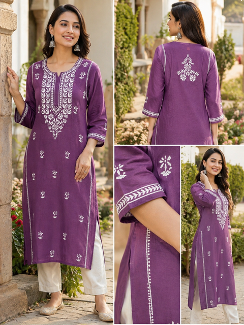 Very soft rayon-based kurti with elegant Lucknowi embroidery at front & back, giving it a graceful and timeless look. Pants are not included – this is kurti only. Slight variation in color and design is possible.
