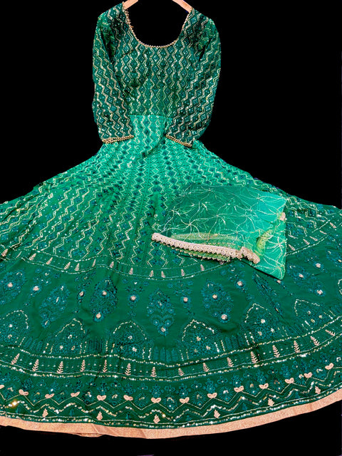 Netting Based Lakhnavi Embroidery Work With Sequins Work All Over Lehnga And Crop Top Designer Blouse And Georgette Sequined Dupatta