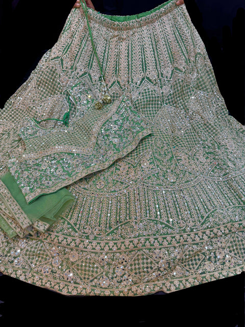 Plus size Netting based heavy embroidery with mirror work designer blouse with heavy flared lehnga and netting based sequined work dupatta