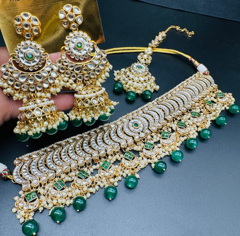 Kundan with pearls work beautiful heavy work choker necklace with designer Jhumka Earrings and Tikka