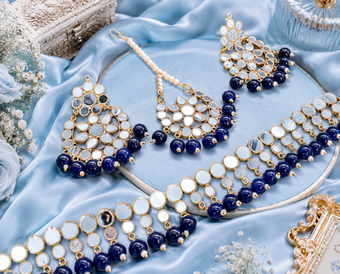 Pearls With mirror Work Necklace Set With Earrings & Tikka
