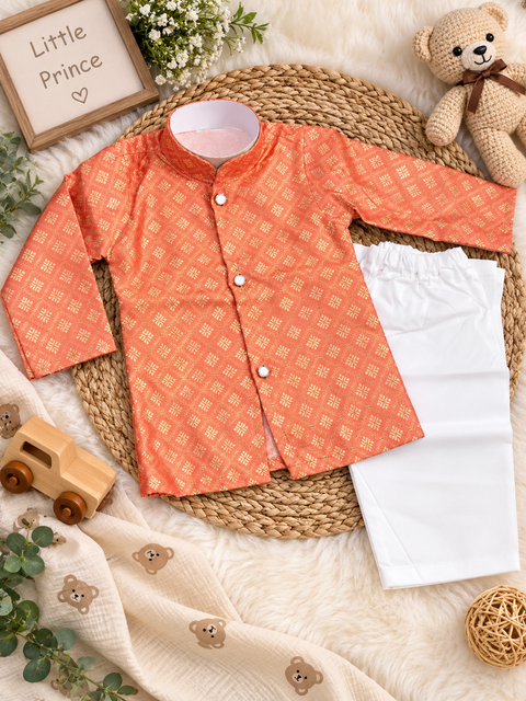 Adorable Brocade Silk Newborn Kurta Pajama Set with soft inner lining, easy front-open kurta and matching elasticated pajama for comfortable wear.Kurta L 35 cm,Chest 25 cm,Sleeve 24 cm,Pajama L 33 cm. Slight variation in colour & design may occur