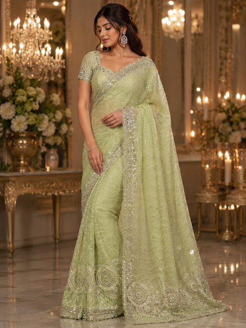 Heavy work designer Saree with netting base fabric and stones work design all over with heavy embroidery .The Blouse Worn By The Model Is For Reference Purposes Only. The Actual Blouse Piece Comes Attached With Saree(Slight Variations Are Possible)