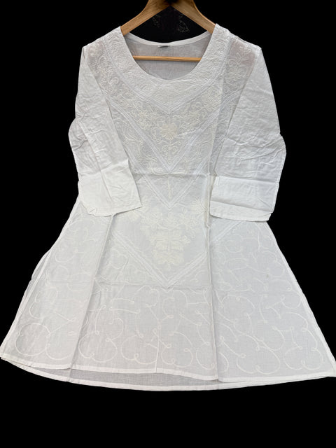 Embroidered Lucknow Chikankari White pure Cotton Short Kurti Top Tunic for Women
