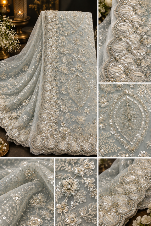 Heavy Embroidered Net Saree – Elegant sheer net saree with all-over embroidery, sequin detailing and a rich heavy border.Blouse shown is for reference only; actual blouse piece is attached with the saree. Slight variation in colour/design possible.
