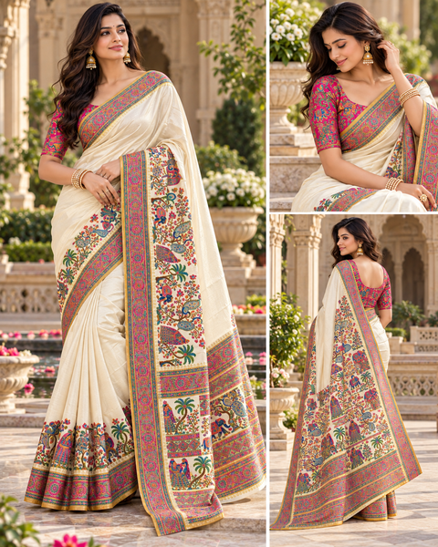 Elegant Ivory Gold saree featuring rich multicolour traditional peacock, elephant and floral motifs with a beautifully detailed woven-style border and statement pallu. Blouse piece included. Slight variation in colour and design is possible.