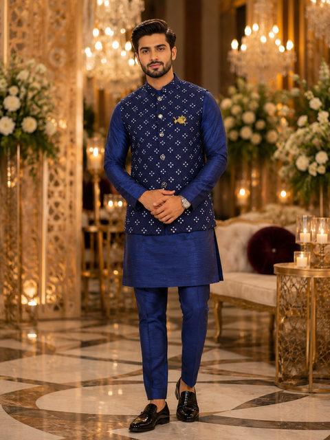 Dark Blue  colour silk based kurta with pants  & mirror look stylish  jacket (slight variation in color and design is possible)