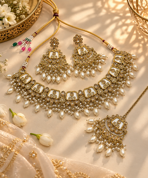 Beautiful polki stones with pearls and colorful stones necklace & earrings with Tikka. Slight variations in colour and design are possible