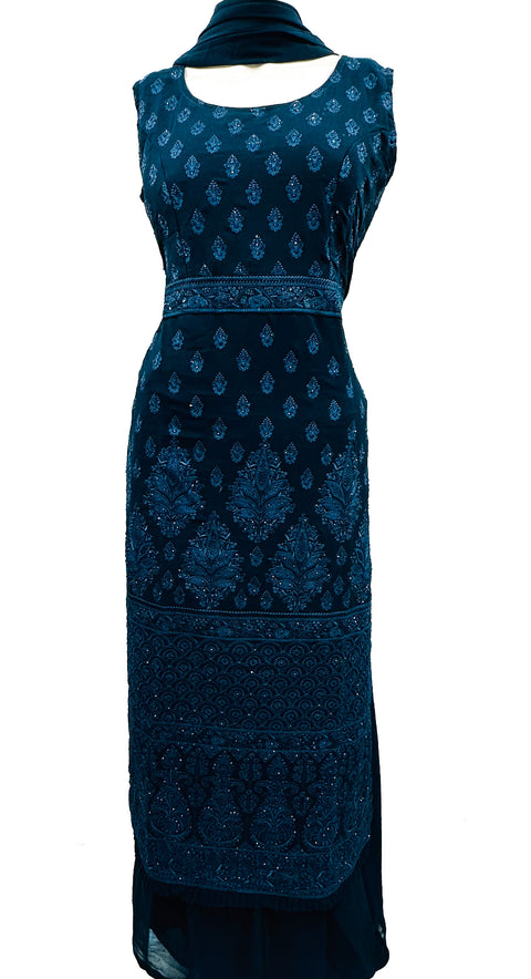 Georgette based embroidery work with stone work neck design Nayara cut Kameez with plazo  & Georgette Dupatta