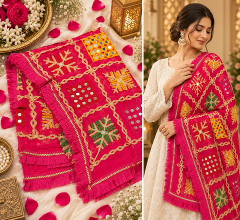 Beautiful embroidered Phulkari dupatta adorned with colourful traditional motifs and delicate mirror work.Slight variation in color and design is possible