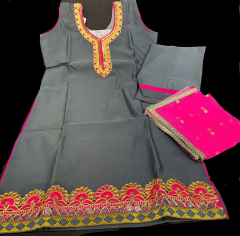 Dark Grey & Hot Pink colour silk based kids patiala suit