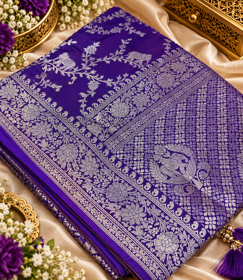 Luxuriously soft silk saree with a smooth, lightweight feel and beautifully flowy drape. Featuring rich woven zari floral motifs and an elegant detailed border .Blouse piece included. Slight variation in colour and design is possible.