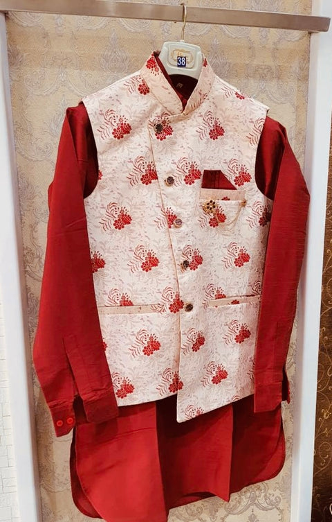 Brocade silk designer jacket with plain kurta and pants