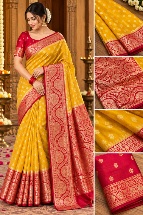 Soft & glossy crepe silk saree with a smooth, lightweight feel and beautifully flowy drape. Featuring rich woven zari floral motifs and an elegant detailed border .Blouse piece included. Slight variation in colour and design is possible.