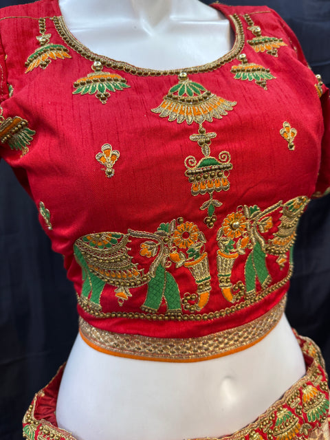 (Video clip attached)SIZE 42 (Upto 44))Multicoloured Banarasi silk Based Beautiful hand Embroidery Work With Golden Fine Stones work heavy Ken Ken Designer semi/Bridal Lehnga With Heavy Tessels Attached To Blouse & Lehnga