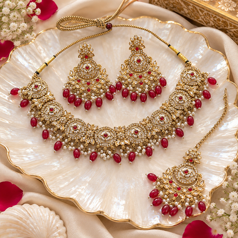 Beautiful polki stones with pearls and colorful stones necklace & earrings with Tikka. Slight variations in colour and design are possible