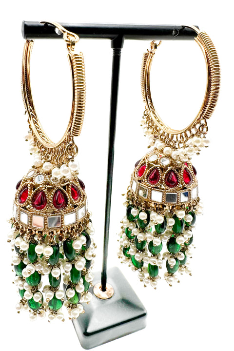 Pearls hanging with mirror work beautiful heavy work designer Jhumka Balian