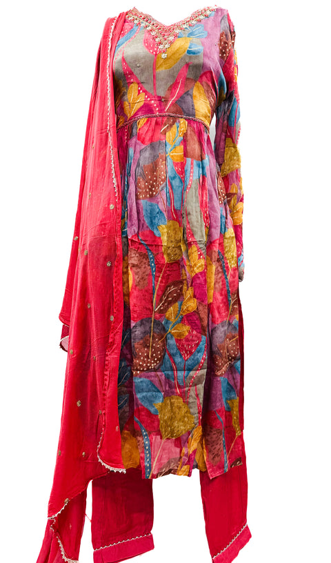 Pure Chinnon Georgette Based Printed With Embroidery Work & Mirror Work Designer Nayra Cut Kurti With Plazo Pants & Beautiful Dupatta