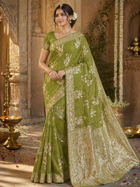 Henna Green color Beautiful Very Soft Pure Dola Silk Beautiful Saree (very soft to set the pleates) BLOUSE SHOWN IS FOR REFERENCE ONLY.THE BLOUSE PIECE IS INCLUDED WITH SAREE AS UNSTITCHED