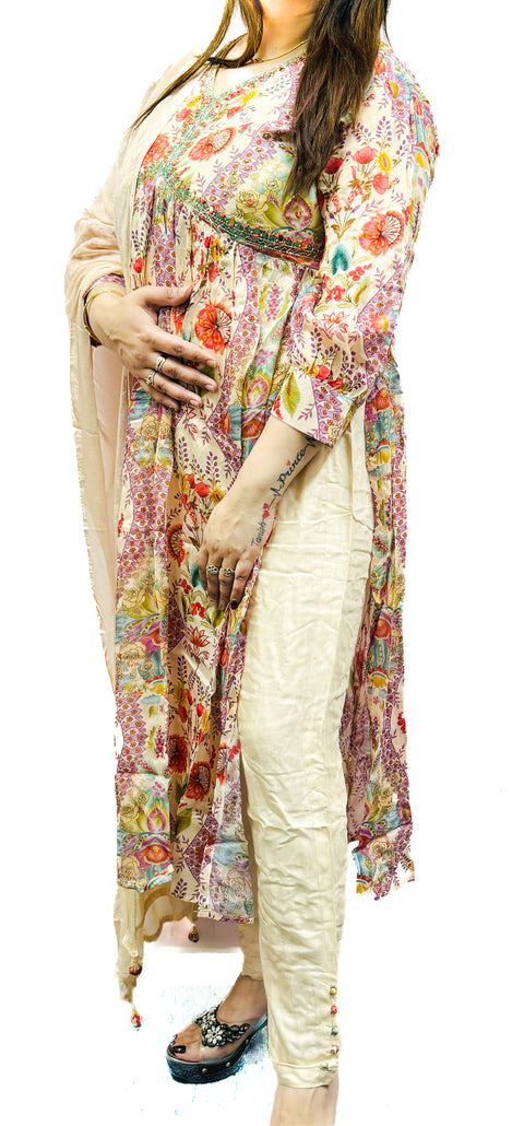Pure Chinnon Georgette Based Printed With Embroidery Work & Mirror Work Designer Nayra Cut Kurti With Plazo Pants & Beautiful Dupatta