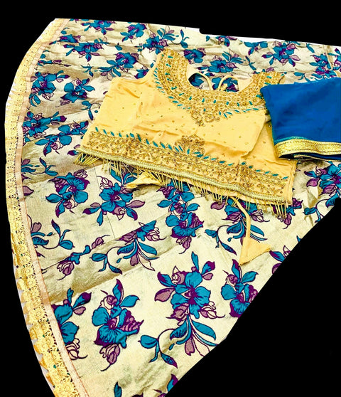 Golden colour stone work blouse with brocade silk flower print lehnga with dupatta