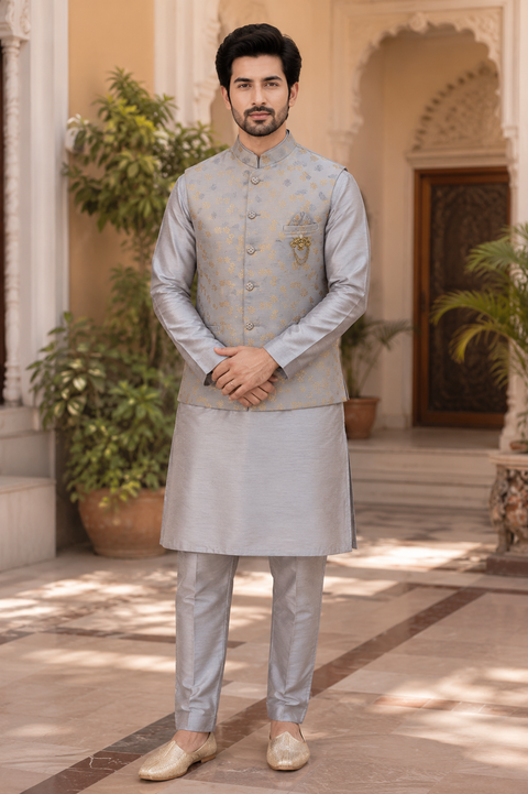 Premium Silver Grey Kurta Set paired with a luxurious gold woven Nehru jacket, crafted for a sophisticated festive and wedding-ready look. Slight variation in color and design may occur