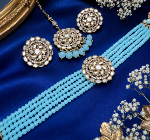 Jerkan fine stone with pearls beaded choker set with beautiful studs & tikka