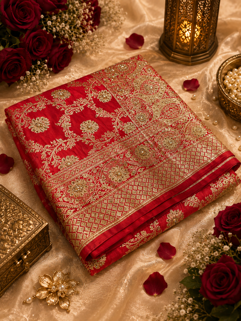 Luxurious Banarasi Silk Saree with rich zari weaving and elegant stone work on the pallu. Comes with an attached blouse piece. Model image is for reference only; slight variation in color and design may occur.
