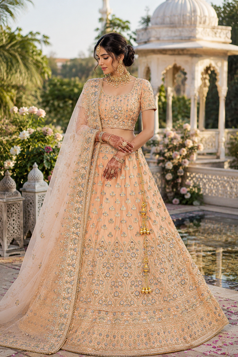 (SIZE 38(Upto 42)) Pastel Peach colour georgette Based Beautiful hand Embroidery Work Very Heavy 3 Layered Ken Ken Super Heavy Designer Bridal Lehnga With Heavy Tessels Attached To Blouse & Lehnga With Heavy Work Contrast Dupatta