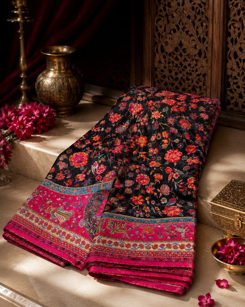 Kashmiri Kalamkari Inspired Soft Silk Saree with vibrant multicolour weaving and an elegant contrast pallu for a rich, timeless look.Blouse piece attached. Model image for reference only. Slight variation in colour and design may occur.