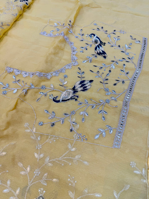 (Video clip attached)Pastel Yellow Colour Heavy Stone Work & Embroidery Jaal Work Beautiful peacock design with gotta Patti work shimmery georgette Designer Saree and embroidery work blouse piece