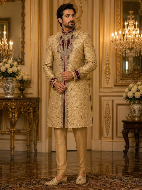 Premium ivory floral embroidered sherwani with elegant gold detailing, crafted for a timeless and sophisticated wedding celebration look. Slight variation in color and design may occur.