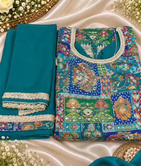 Silk-blend patchwork kameez with mirror & stone work, paired with a flowy circular palazzo and plain georgette dupatta with golden border. Slight variation in colour/design possible