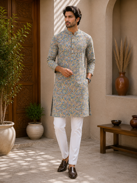 Pure cotton based Men’s Printed kurti (sizes mentioned in inches ,not according to the label on Kurti)size 44 kurti- Length 40 inches and size 46-length 42 inches ) Kurti only. Pants not included.