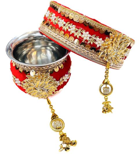 Decorated Karwachauth Thali Set (Thali, Channi, Lota(Kalash) Chunri )(Video Clip Attached )