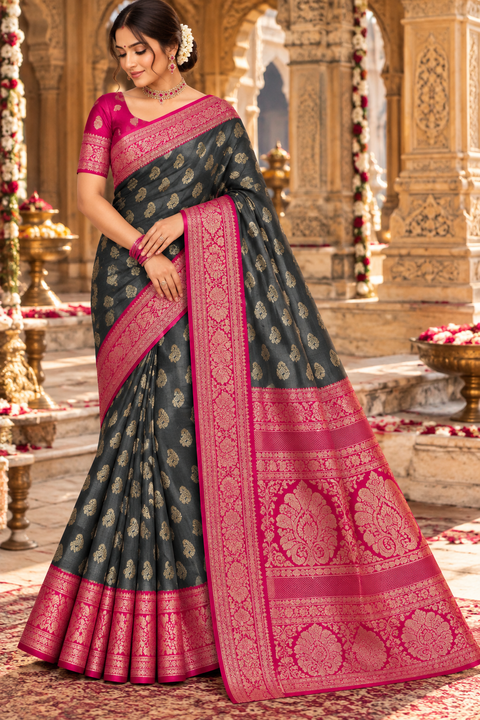 Dola Silk Saree with elegant all-over floral zari weaving and a rich contrasting woven border with detailed pallu. Soft, graceful drape with a luxurious festive look. Contrast blouse piece included.Slight variation in colour and design is possible.