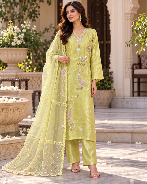 Beautiful Pistachio Lime Green 3-piece suit in shimmery Fendy silk, featuring elegant hand embroidery, pearls, beads and sequins. Comes with matching pants and a handworked organza dupatta.Slight variations in colour and design are possible.
