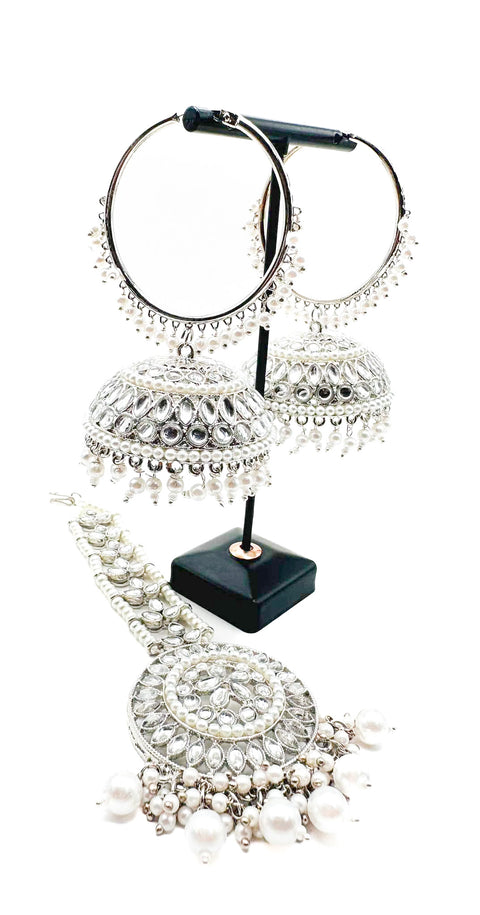 Silver stone with pearls work beautiful Jhumka Balian big size with Tikka