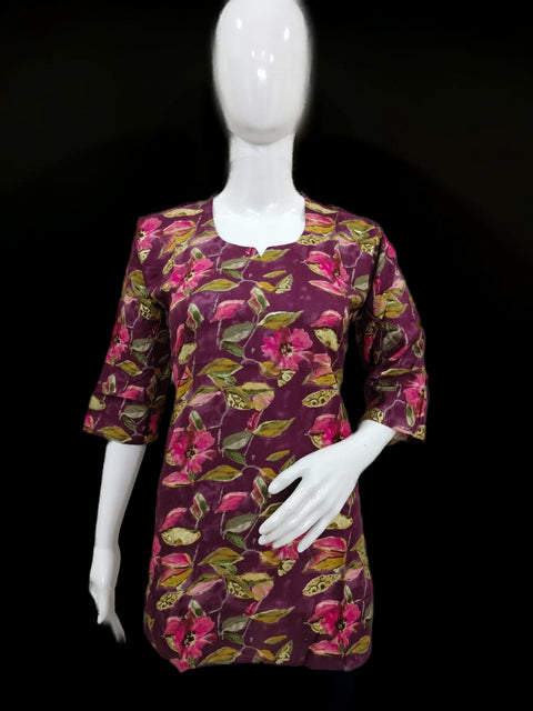 Purple color Pure Rayon based printed short kurti