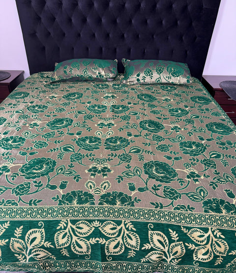 Roses Print Velvet golden zari Work Bed Sheet (275cm x 265cm)king size King Size Bedsheet With Double Pillow Cover