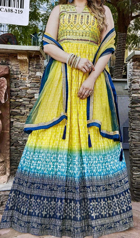 Beautiful print with embroidery work and stone work designer multi flare suit