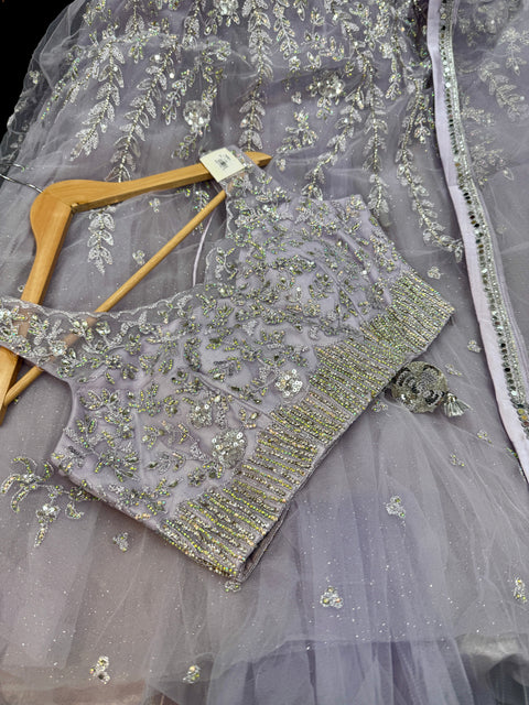 (Video Clip attached ) Heavy hand work designer stylish Blouse with very very heavy flared netting based  princess style lehnga and dupatta
