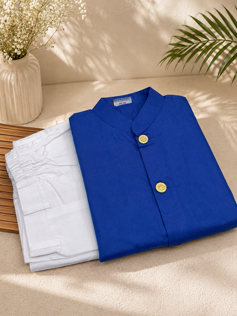 Blue colour cotton kurta with pajama pants (slight variation in color and design is possible )