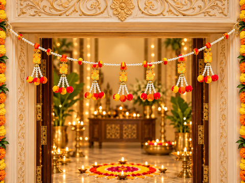 Ganesha design Festive Diwali Door Toran – Beautifully designed with colourful pom-poms, pearl detailing and elegant golden hanging accents. Slight variation in colour and design may occur