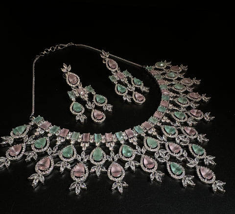 Pastel Mint & Pink crystals American Diamond beautiful necklace set with crystal American diamonds