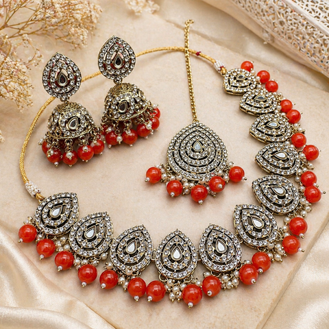 Jerkan stone with pearls beaded work beautiful necklace with jhumka and tikka set